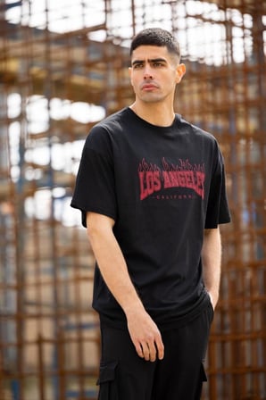 Erkek Kısa Kol Tişört Bisiklet Yaka LOS ANGELES  Baskılı T-Shirt - Siyah