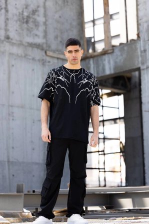 Erkek Yıldırım şimşek Baskılı T-Shirt Kısa Kol Bisiklet Yaka Tişört - Siyah