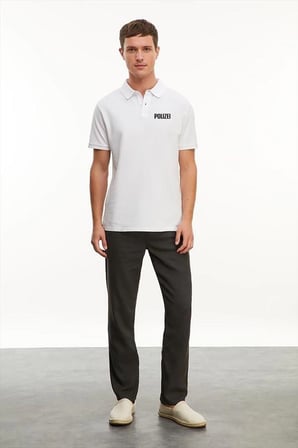Erkek Polo Yaka Düğmeli Tişört Pike Baskılı T-Shirt - Beyaz