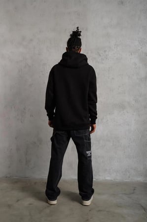 Erkek  İplik Pamuklu Kapüşonlu Cepli Düz Oversize Hoodie Sweatshirt - Siyah