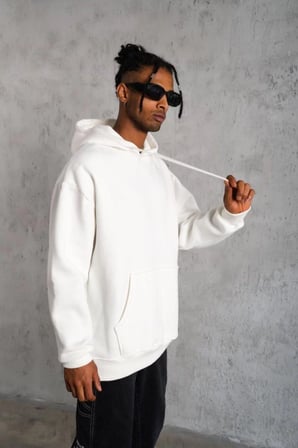 Erkek  İplik Pamuklu Kapüşonlu Cepli Düz Oversize Hoodie Sweatshirt - Beyaz