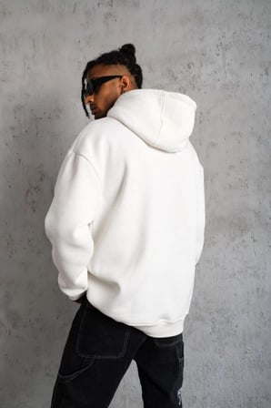 Erkek  İplik Pamuklu Kapüşonlu Cepli Düz Oversize Hoodie Sweatshirt - Beyaz