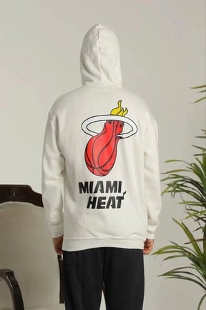 Erkek  İplik Pamuklu Kapüşonlu Baskılı Cepli Oversize Sweatshirt Hoodie - Beyaz