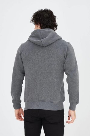 Erkek  İplik Pamuklu Kapüşonlu Tam Fermuarlı Cepli Hoodie Sweatshirt - Füme