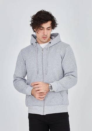 Erkek  İplik Pamuklu Kapüşonlu Tam Fermuarlı Cepli Hoodie Sweatshirt - Gri