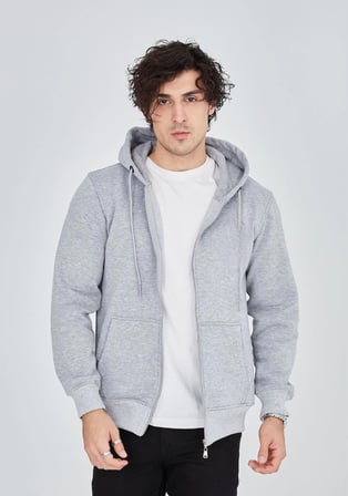 Erkek  İplik Pamuklu Kapüşonlu Tam Fermuarlı Cepli Hoodie Sweatshirt - Gri