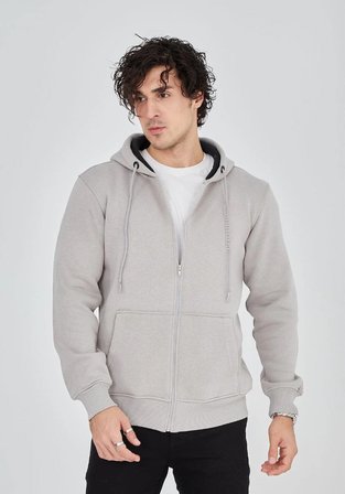 Erkek  İplik Pamuklu Kapüşonlu Tam Fermuarlı Cepli Hoodie Sweatshirt - Boyalı Gri