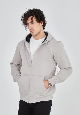 Erkek  İplik Pamuklu Kapüşonlu Tam Fermuarlı Cepli Hoodie Sweatshirt - Boyalı Gri
