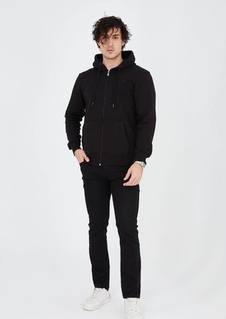 Erkek  İplik Pamuklu Kapüşonlu Tam Fermuarlı Cepli Hoodie Sweatshirt - Siyah