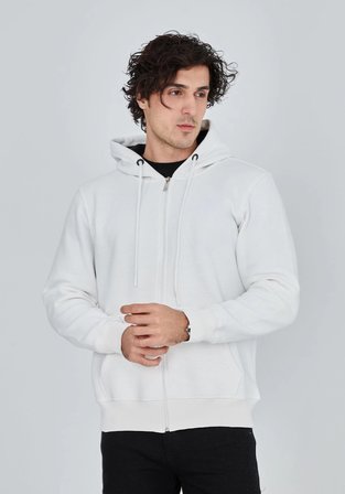 Erkek  İplik Pamuklu Kapüşonlu Tam Fermuarlı Cepli Hoodie Sweatshirt - Beyaz