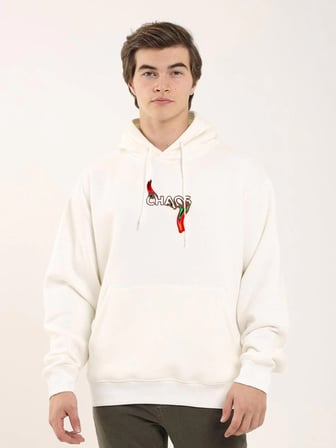 Erkek  İplik Pamuklu Kapüşonlu Baskılı Cepli Oversize Sweatshirt Hoodie - Beyaz
