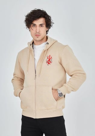 Erkek  İplik Pamuklu Kapüşonlu Tam Fermuarlı Cepli Hoodie Sweatshirt - Bej