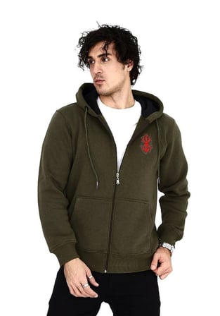 Erkek  İplik Pamuklu Kapüşonlu Tam Fermuarlı Cepli Hoodie Sweatshirt - Haki