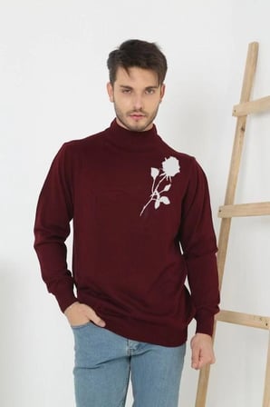 Erkek Yarım Bağazlı Kazak Baskılı Dokuma Triko - Bordo