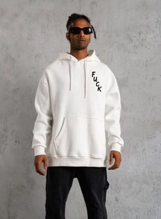 Erkek  İplik Pamuklu Kapüşonlu Baskılı Cepli Oversize Sweatshirt Hoodie - Beyaz