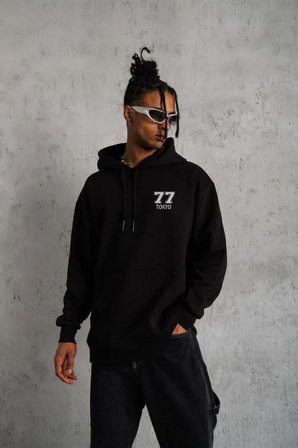 Erkek  İplik Pamuklu Kapüşonlu Baskılı Cepli Oversize Sweatshirt Hoodie - Siyah