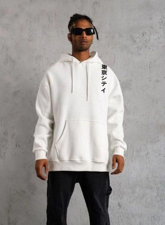 Erkek  İplik Pamuklu Kapüşonlu Baskılı Cepli Oversize Sweatshirt Hoodie - Beyaz