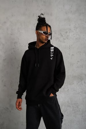 Erkek  İplik Pamuklu Kapüşonlu Baskılı Cepli Oversize Sweatshirt Hoodie - Siyah