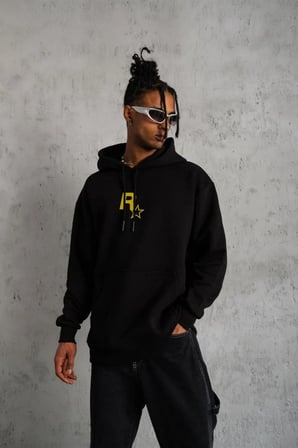 Erkek  İplik Pamuklu Kapüşonlu Baskılı Cepli Oversize Sweatshirt Hoodie - Siyah