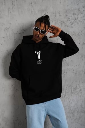Erkek  İplik Pamuklu Kapüşonlu Kanguru Cepli Baskılı Oversize Hoodie Sweatshirt - Siyah