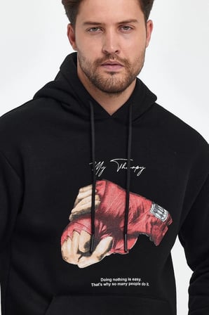 Erkek  İplik Pamuklu Kapüşonlu Cepli Boxy Eldiven Baskılı Hoodie Sweatshirt - Siyah