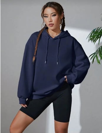 Kadın Kapüşonlu Kanguru Cepli  İplik Pamuklu Oversize Hoodie Sweatshirt - Lacivert