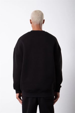 ERKEK Bisikilet Yaka  İplik Pamuklu SweatShirt - Siyah