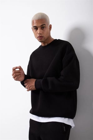 ERKEK Bisikilet Yaka  İplik Pamuklu SweatShirt - Siyah