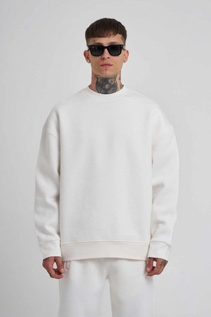 ERKEK Bisikilet Yaka  plik Pamuklu SweatShirt - Beyaz