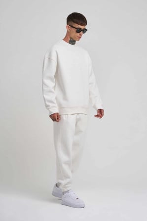 ERKEK Bisikilet Yaka  plik Pamuklu SweatShirt - Beyaz