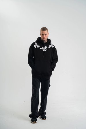 Erkek  İplik Pamuklu Kapüşonlu Baskılı Cepli Oversize Sweatshirt Hoodie - Siyah