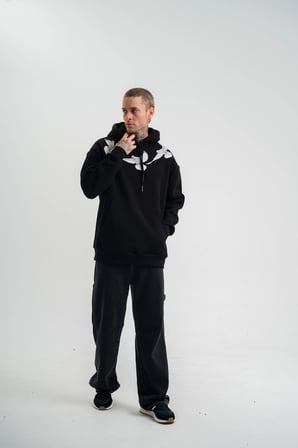 Erkek  İplik Pamuklu Kapüşonlu Baskılı Cepli Oversize Sweatshirt Hoodie - Siyah