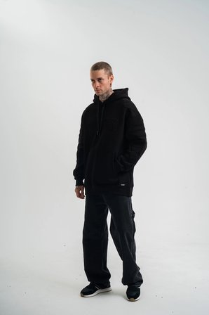 Erkek  İplik Pamuklu Oversize Kapüşonlu Nakışlı Hoodie SweatShirt - Siyah