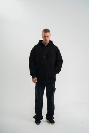Erkek  İplik Pamuklu Oversize Kapüşonlu Nakışlı Hoodie SweatShirt - Siyah