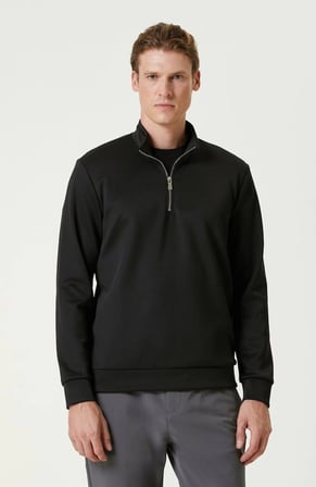 Erkek 3 iplik Pamuklu Uzun Kol Yarım Farmuarlı Yakalı SweatShirt - Siyah