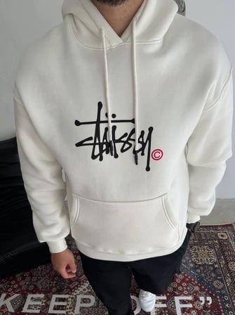Erkek Üç İplik Kapşonlu Baskılı SweatShirt - Beyaz