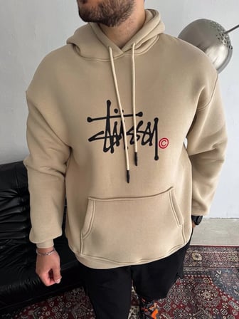 Erkek Üç İplik Kapşonlu Baskılı SweatShirt - Bej