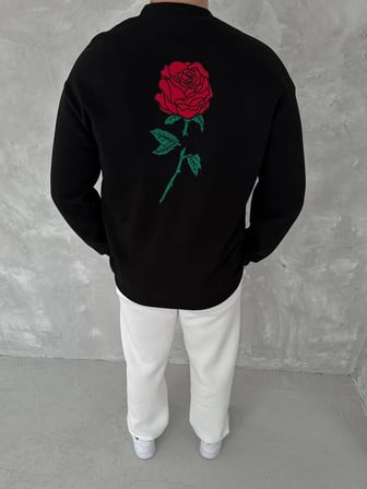 ERKEK  iplik Pamuklu Bisiklet Yaka Ön Ve Arka Baskılı SweatShirt - Siyah