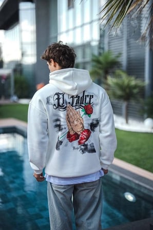 Erkek Kapüşonlu Kanguru Cepli Sweatshirt  İplik Pamuklu Baskılı Hoodie - Beyaz