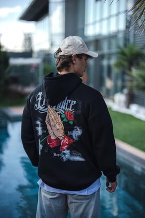 Erkek  İplik Pamuklu Kapüşonlu Baskılı Cepli Oversize Sweatshirt Hoodie - Siyah