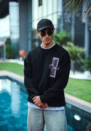 Erkek  iplik pamuklu Bisiklet Yaka Ön ve Arka Baskılı SweatShirt - Siyah