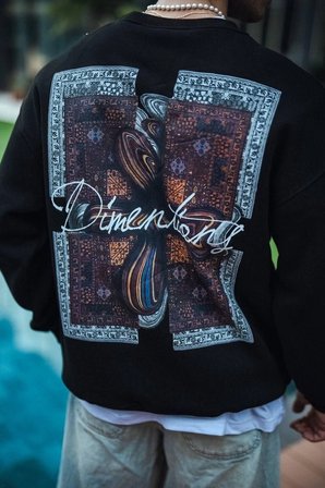 Erkek  iplik pamuklu Bisiklet Yaka Ön ve Arka Baskılı SweatShirt - Siyah