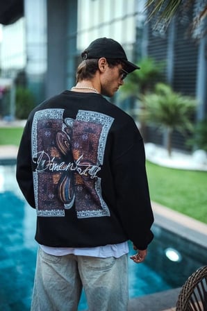 Erkek  iplik pamuklu Bisiklet Yaka Ön ve Arka Baskılı SweatShirt - Siyah