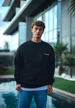 Erkek  iplik Pamuklu Bisiklet Yaka Oversize Baskılı SweatShirt - Siyah