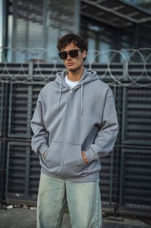 Erkek Tam Fermuarlı Cepli Kapüşonlu  iplik pamuklu hoodie Sweatshirt - Gri