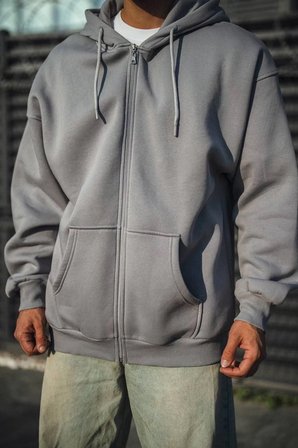 Erkek Tam Fermuarlı Cepli Kapüşonlu  iplik pamuklu hoodie Sweatshirt - Gri