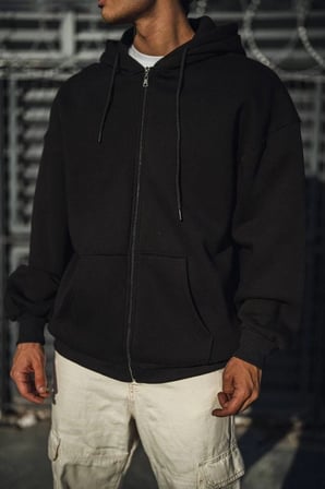 Erkek Tam Fermuarlı Cepli Kapüşonlu  iplik pamuklu hoodie Sweatshirt - Siyah