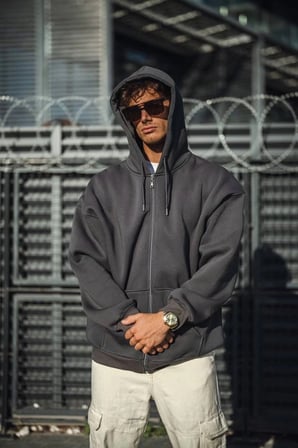 Erkek Tam Fermuarlı Cepli Kapüşonlu 3 iplik pamuklu hoodie Sweatshirt - Füme