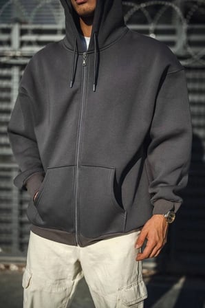 Erkek Tam Fermuarlı Cepli Kapüşonlu 3 iplik pamuklu hoodie Sweatshirt - Füme