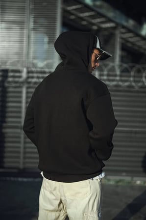 Erkek  İplik Pamuklu Kapüşonlu Basic SweatShirt Hoodie - Siyah
